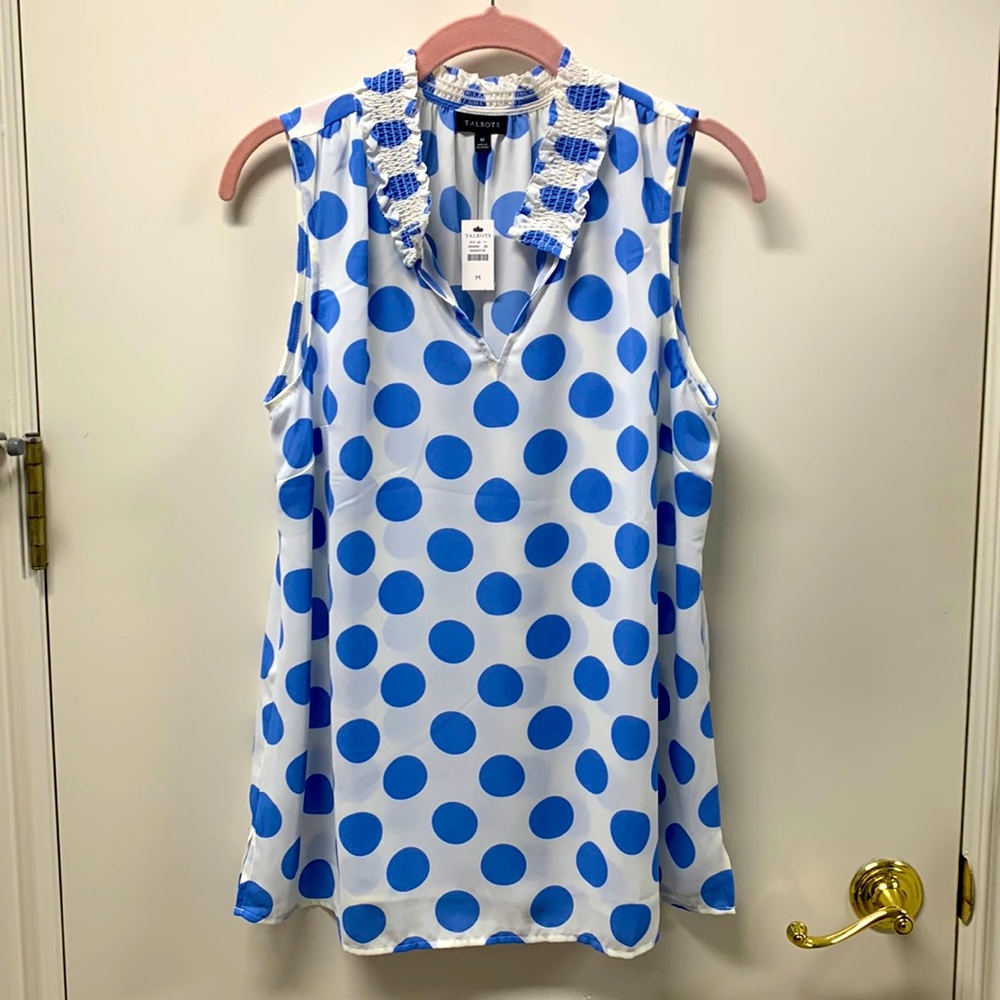 Sleeveless Blue and White Polka Dot Blouse